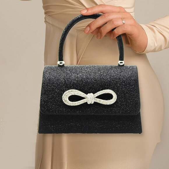 Women Evening Clutch Purse Glitter Rhinestone Bow Compact Party Bag - Picture 3 of 7